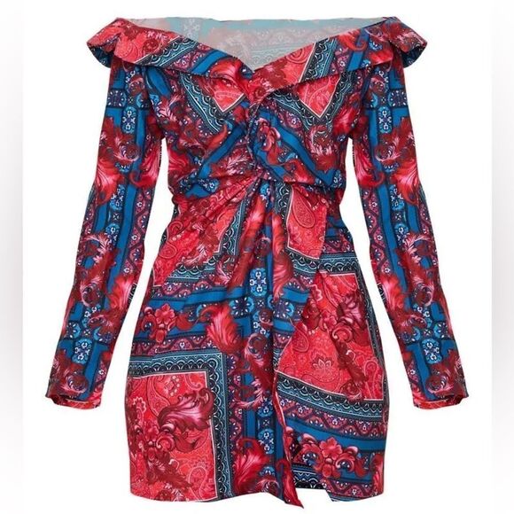 PrettyLittleThing Multi Paisley Bardot Knot Detail Blazer Dress NWT - Picture 5 of 12